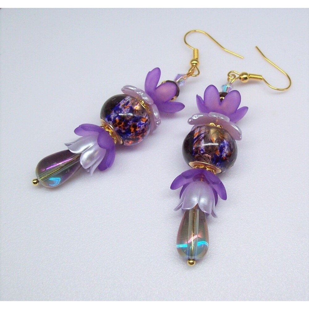 Purple Lampwork Dangle Earrings, Gold, Handmade Jewelry,